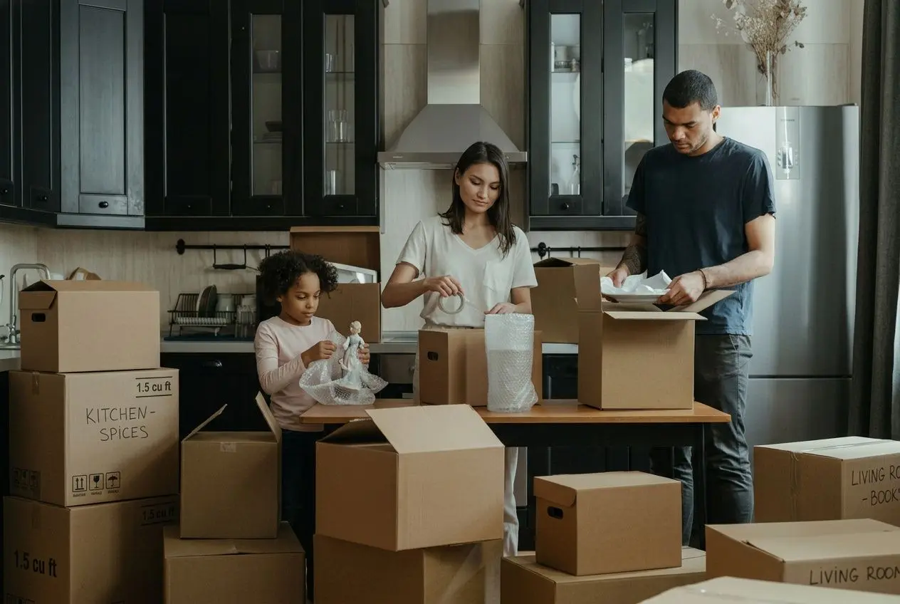 Famille en plein déménagement dans une cuisine moderne, avec des cartons et des objets à emballer sur le plan de travail. Préparer son déménagement en 1 mois.