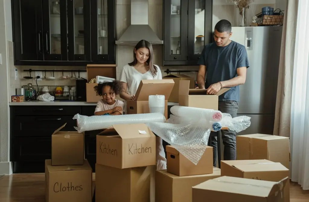 Famille en train d’emballer et de déballer des cartons dans la cuisine, préparation d’un déménagement avec étiquetage « Kitchen », couches et objets protegés. Comment bien organiser son déménagement.