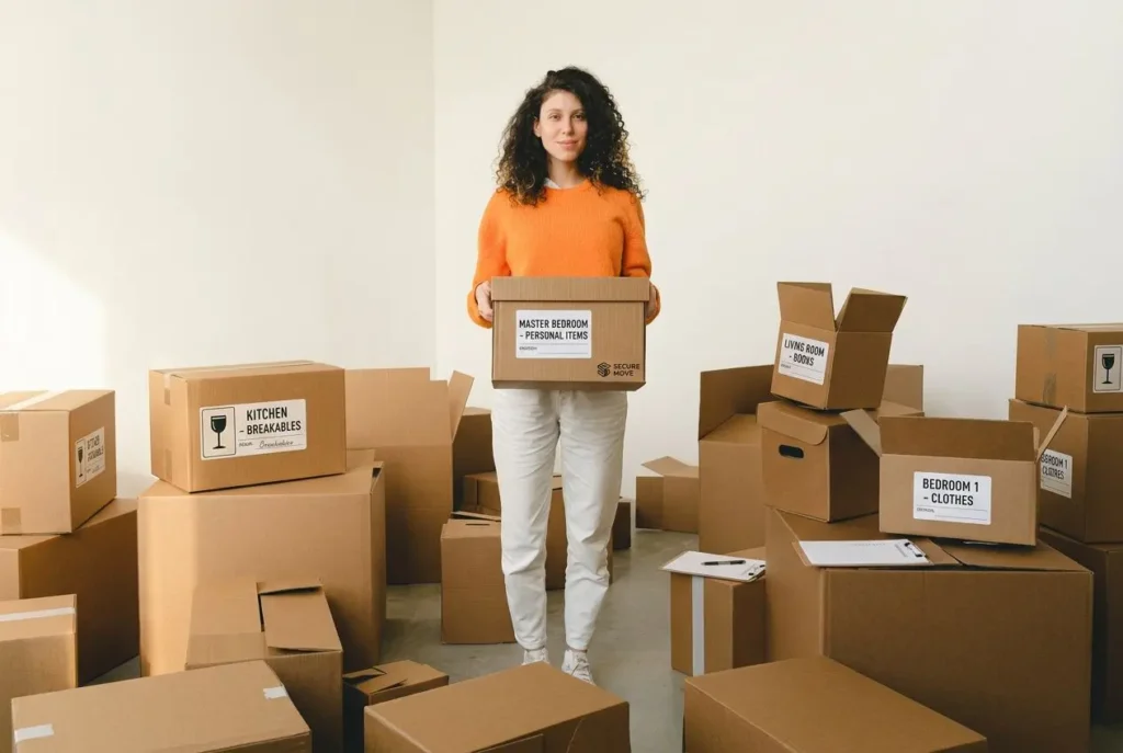 Femme debout parmi des centaines de cartons étiquetés, tenant une boîte au milieu d’un déménagement, ambiance ordonnée et prête pour préparer son déménagement en 1 mois.