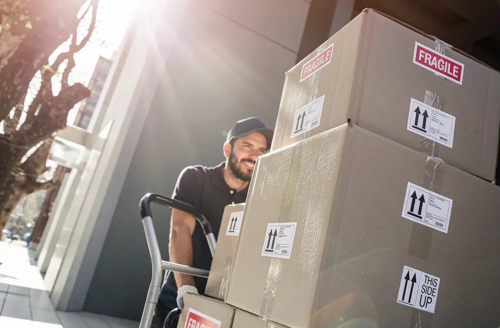Homme souriant charge des cartons « FRAGILE » sur un diable, en plein déménagement en journée.