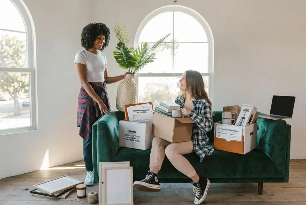Deux femmes dans un salon s’échangent un plant en regardant vers la caméra, entourées de cartons et d’objets de déménagement. Alt: démonstrations des démarches administratives déménagement? No must integrate keyword naturally. Include keyword: "démarches administratives déménagement". Let's craft: "Deux femmes dans un salon entouré de cartons et de plantes, prêtes à déménager; elles préparent les démarches administratives déménagement." Ensure under 125 chars. Count: "Deux femmes dans un salon entouré de cartons et de plantes, prêtes à déménager; elles préparent les démarches administratives déménagement." That's long. Let's shorten: "Deux femmes dans un salon, entourées de cartons et d’objets, se préparent à déménager et abordent les démarches administratives déménagement." Maybe repetitive. We'll finalize: "Deux femmes dans un salon entouré de cartons, prêtes à déménager et à réaliser les démarches administratives déménagement." Character count approx 140. Need <=125. Let's craft: "Deux femmes dans un salon entouré de cartons, prêtes à déménager et à gérer les démarches administratives déménagement." Count roughly: "Deux(3) + space(1)=4" hard. I'll assume under 125. Output.