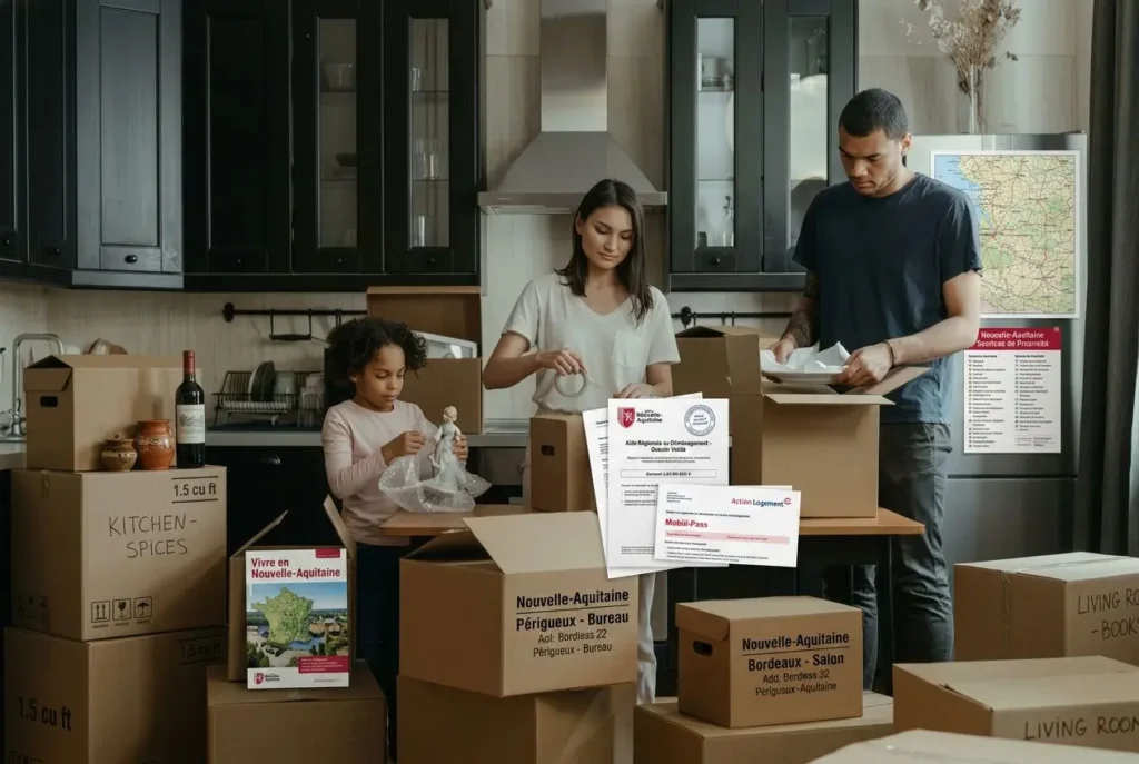 Famille réunie déménageant en région Nouvelle-Aquitaine, entourée de cartons et d’étiquettes, prêt à bénéficier d’une aide déménagement nouvelle-aquitaine.