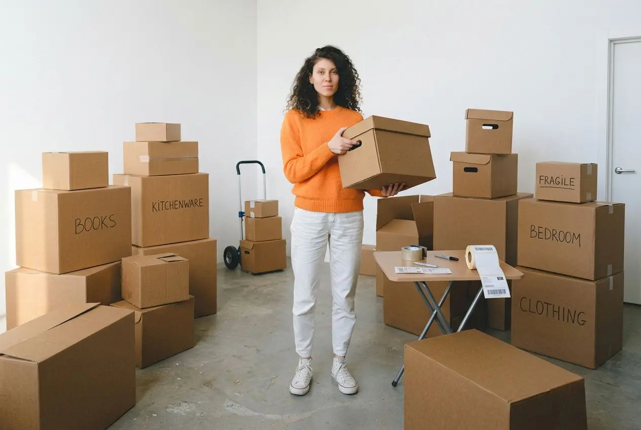 Femme debout dans une pièce vide, tenant une boîte en carton, entourée de nombreux colis étiquetés (BOOKS, KITCHENWARE, BEDROOM, CLOTHING), prêt pour un déménagement. Étapes pour un déménagement réussi.