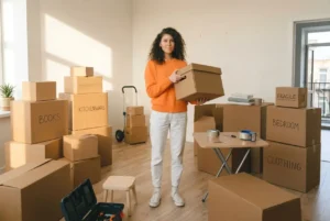 Femme déménageant dans un intérieur lumineux, entourée de cartons étiquetés « BOOKS », « KITCHENWARE », « FRAGILE », « BEDROOM », et « CLOTHING », près d’un chariot et d’un petit tabouret. Aide mobilité jeune nouvelle aquitaine.