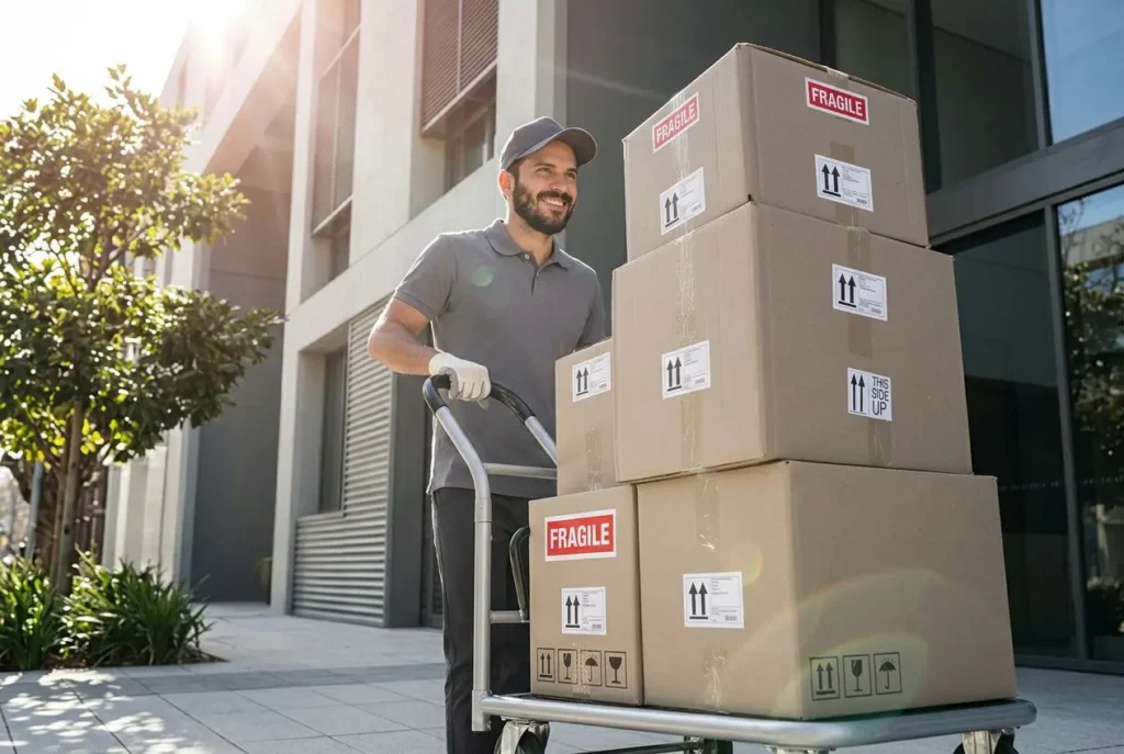 Homme souriant poussant un chariot chargé de cartons portant des étiquettes « FRAGILE » devant un bâtiment moderne. alt: check-list déménagement à imprimer intégrée naturellement.