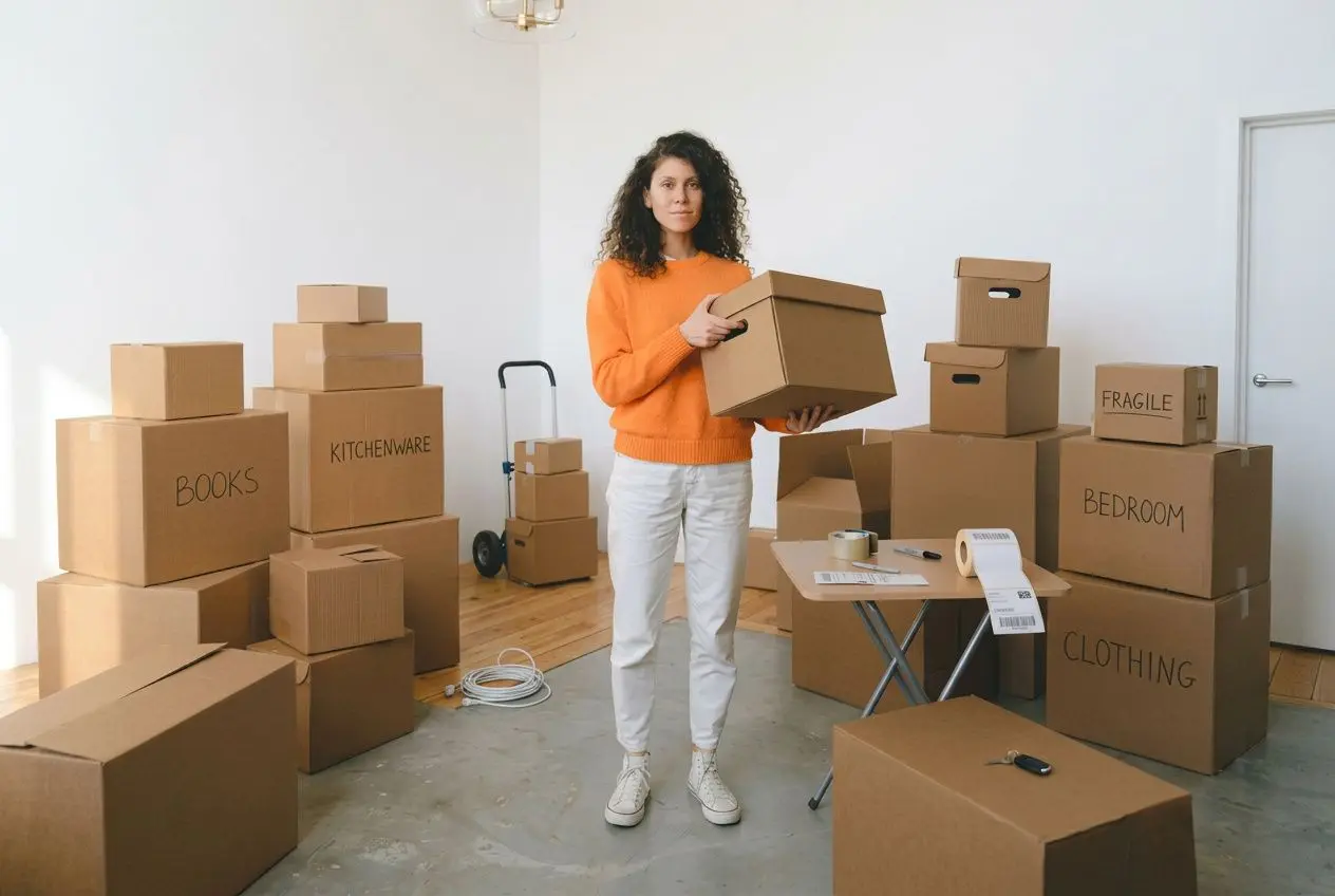 Personne tenant une boîte dans une pièce remplie de cartons étiquetés (Books, Kitchenware, Bedroom) prête pour un déménagement, avec table et matériel. intégré: aide déménagement nouvelle-aquitaine.