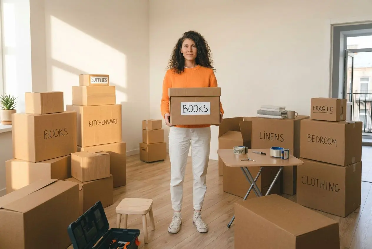 Aide de 1000 € pour un déménagement : femme parmi des cartons étiquetés "BOOKS", mobilier et objets prêt à être déménagés.
