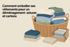Comment emballer les vêtements pour un déménagement : pile de pulls et chemises avec un grand panier et des cartons prêts à emballer