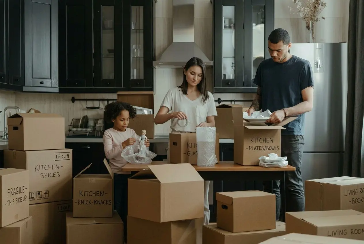 Famille préparant un déménagement dans la cuisine, entourée de cartons et d’objets à emballer, prêts à être transportés. aide de 1000 € pour un déménagement.