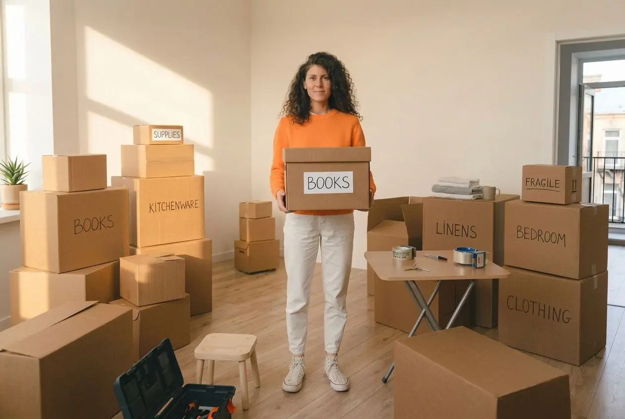 Femme debout dans un appartement vide, entourée de boîtes en carton étiquetées (Books, Kitchenware, Linens, Bedroom, Clothing), prête à déménager.