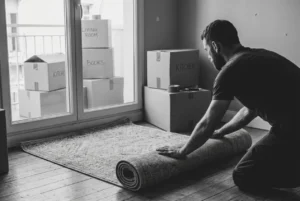 Homme posant un tapis enroulable au sol, entouré de cartons étiquetés Kitchen, Books et Living Room, prêt pour un déménagement. aide de 1000 € pour un déménagement intégrée.