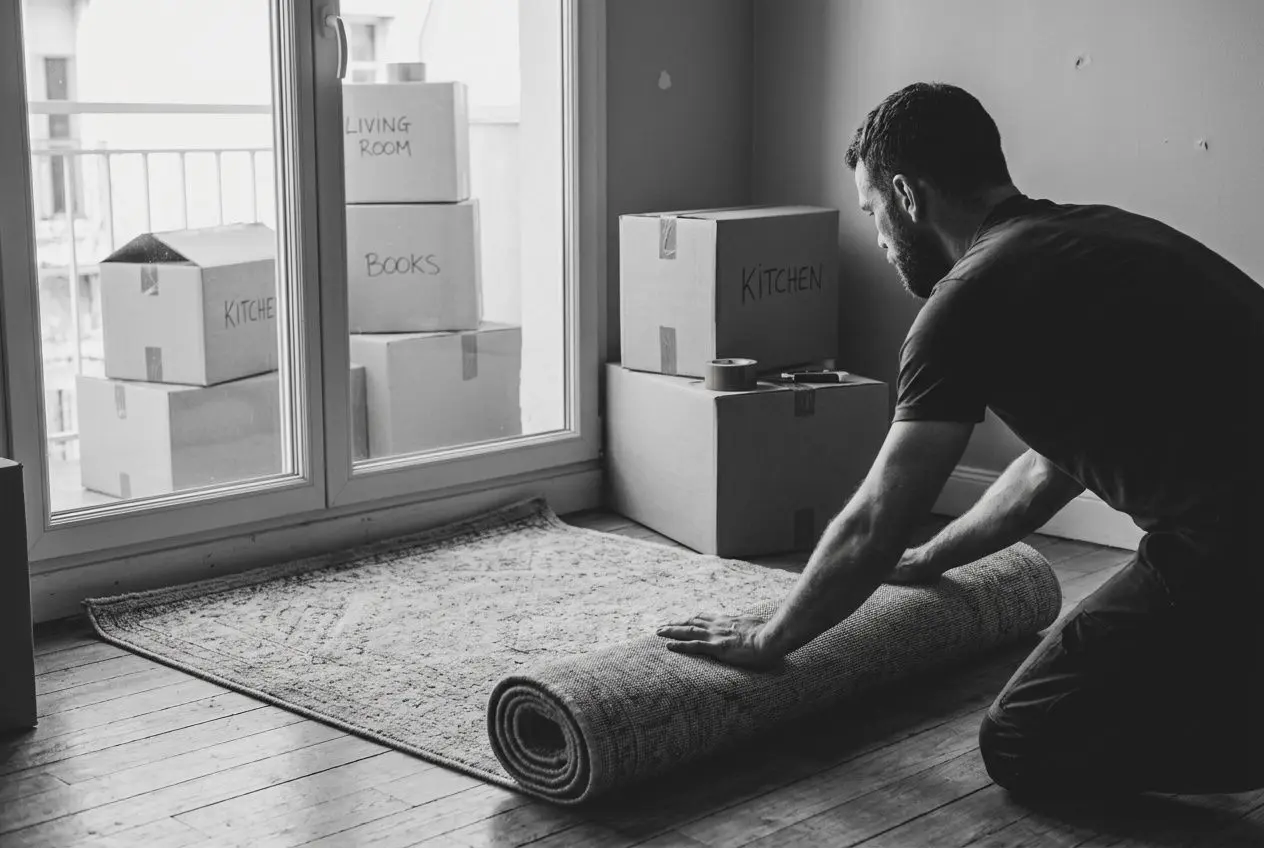 Homme posant un tapis enroulable au sol, entouré de cartons étiquetés Kitchen, Books et Living Room, prêt pour un déménagement. aide de 1000 € pour un déménagement intégrée.