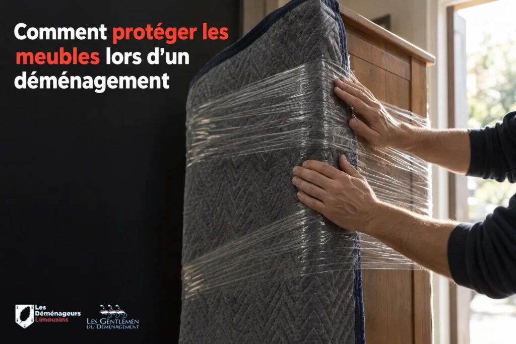 Personne enveloppant un meuble avec du film plastique transparent pour le protéger.