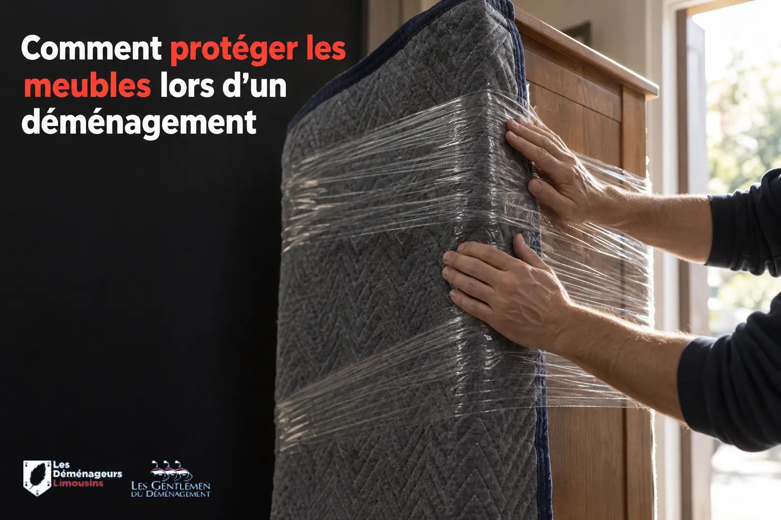 Personne enveloppant un meuble avec du film plastique transparent pour le protéger.