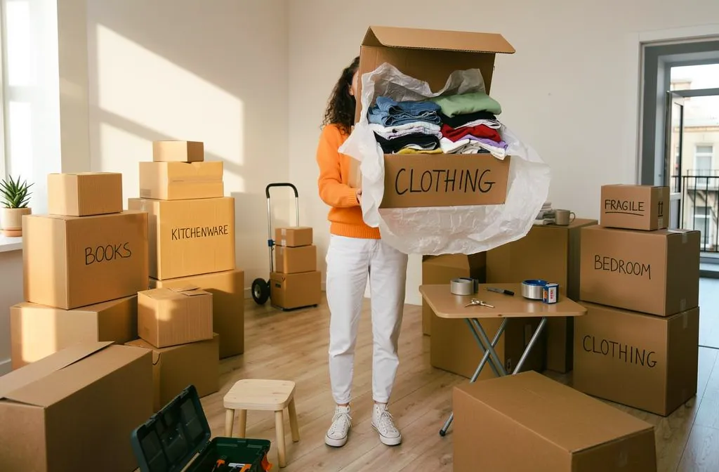 Personne tenant une boîte étiquetée « CLOTHING » pleine de vêtements, entourée de cartons et sacs, prêt à déménager dans un intérieur lumineux. #comment emballer les vêtements pour un déménagement