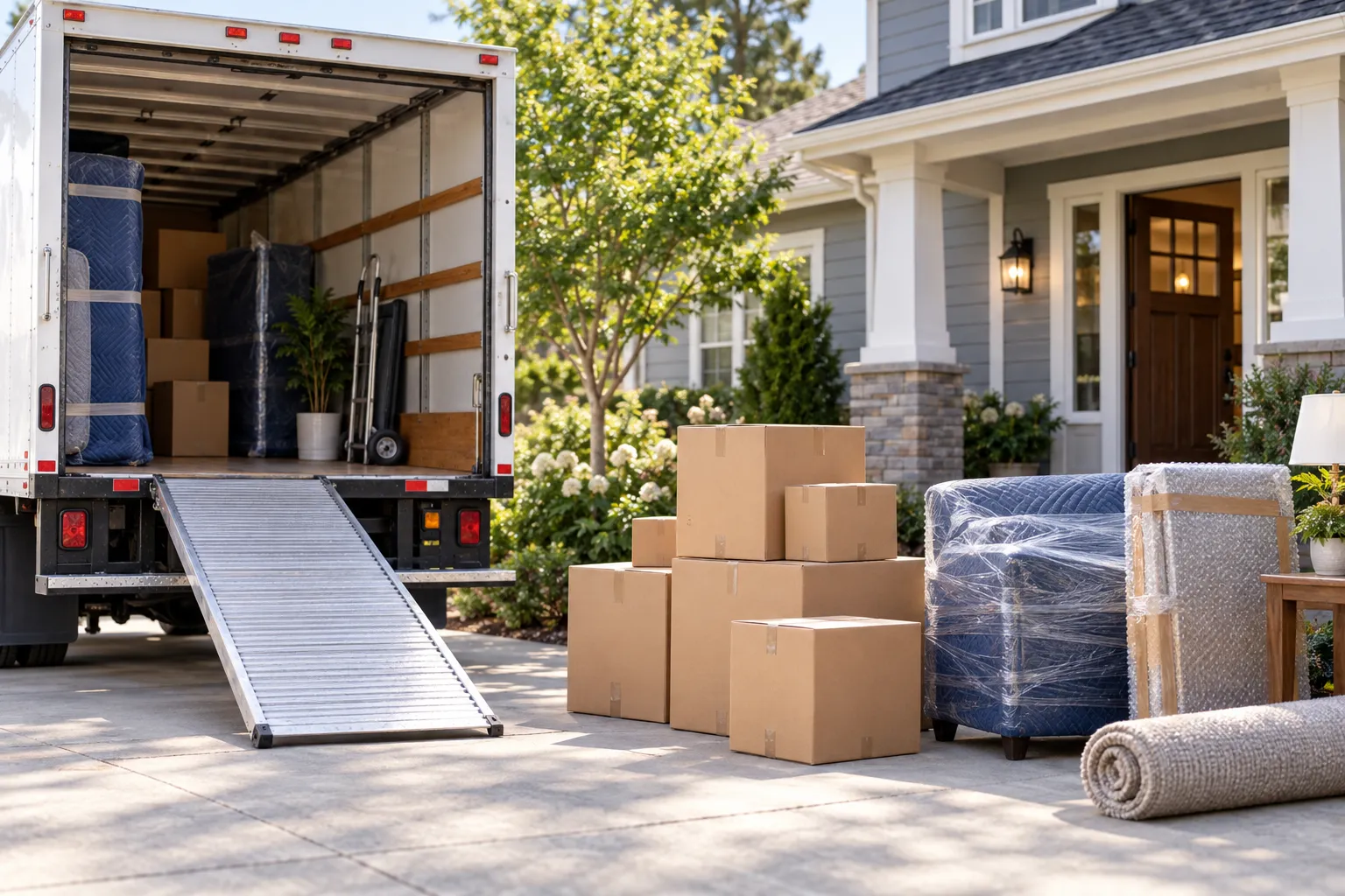 Sortie de camion de déménagement remplie de meubles et de cartons emballés prêts à être transportés.
