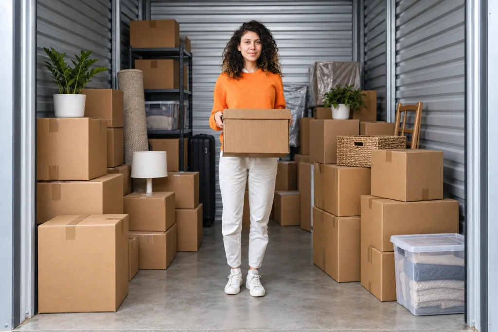 Une femme tient une boîte en carton dans un espace de stockage rempli de cartons et de meubles.
