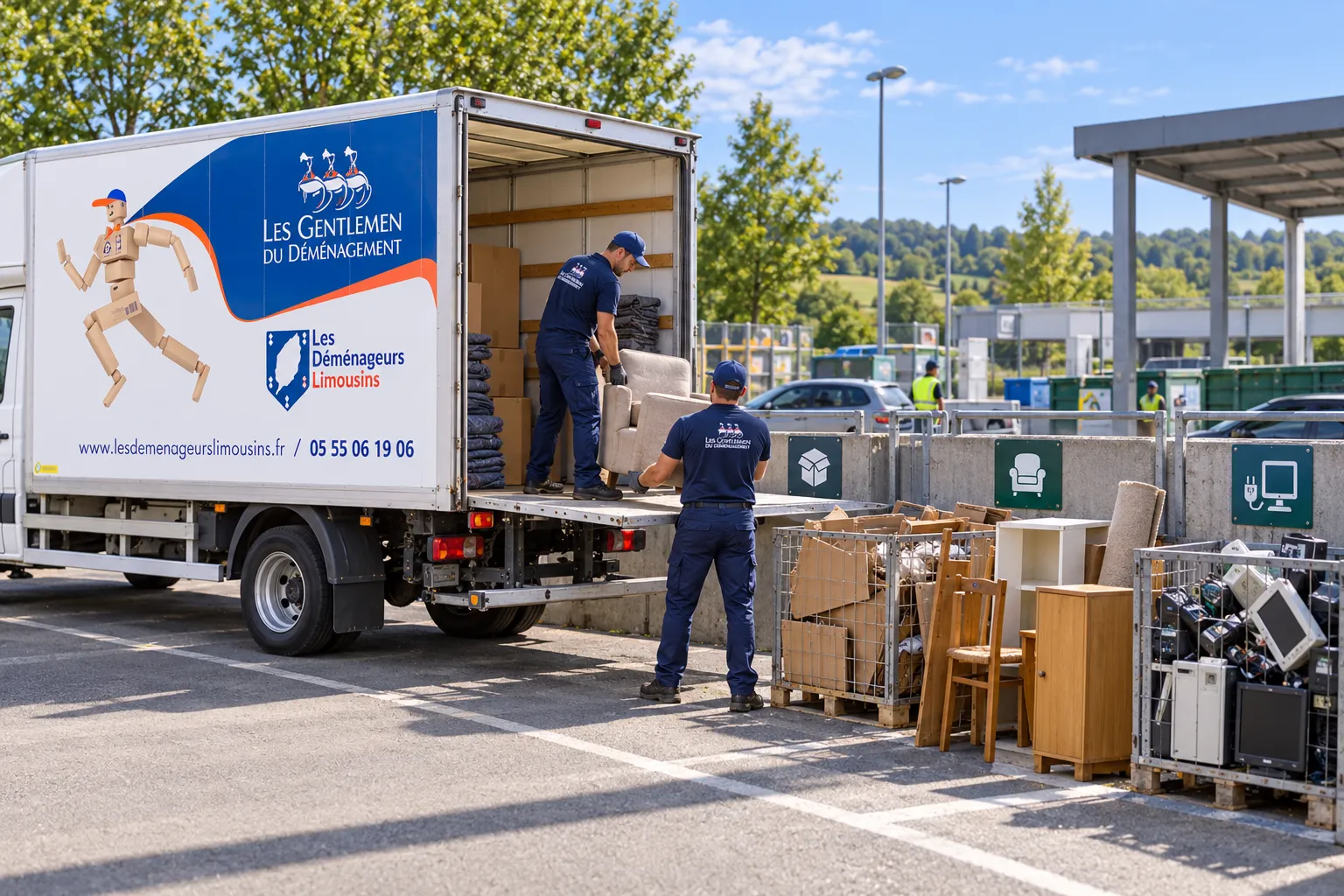 Gens qui déposent et trient des meubles et objets dans un camion de déménagement à côté d’articles récupérables en