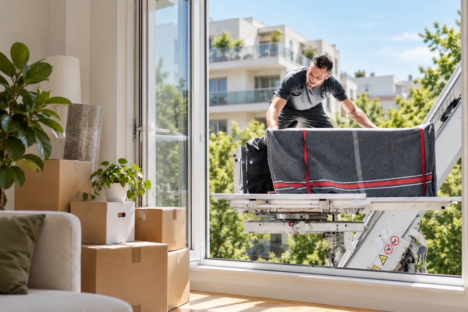 Homme déplaçant des cartons et une grande caisse sur le plateau d’un monte-meubles près d’une porte-fenêtre ouverte.