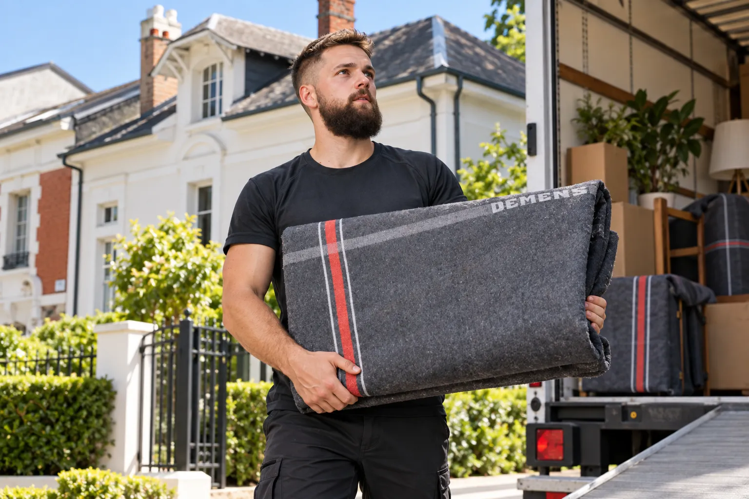 Homme musclé portant un tapis de déménagement gris à rayures rouges sortant d’un camion de déménagement.